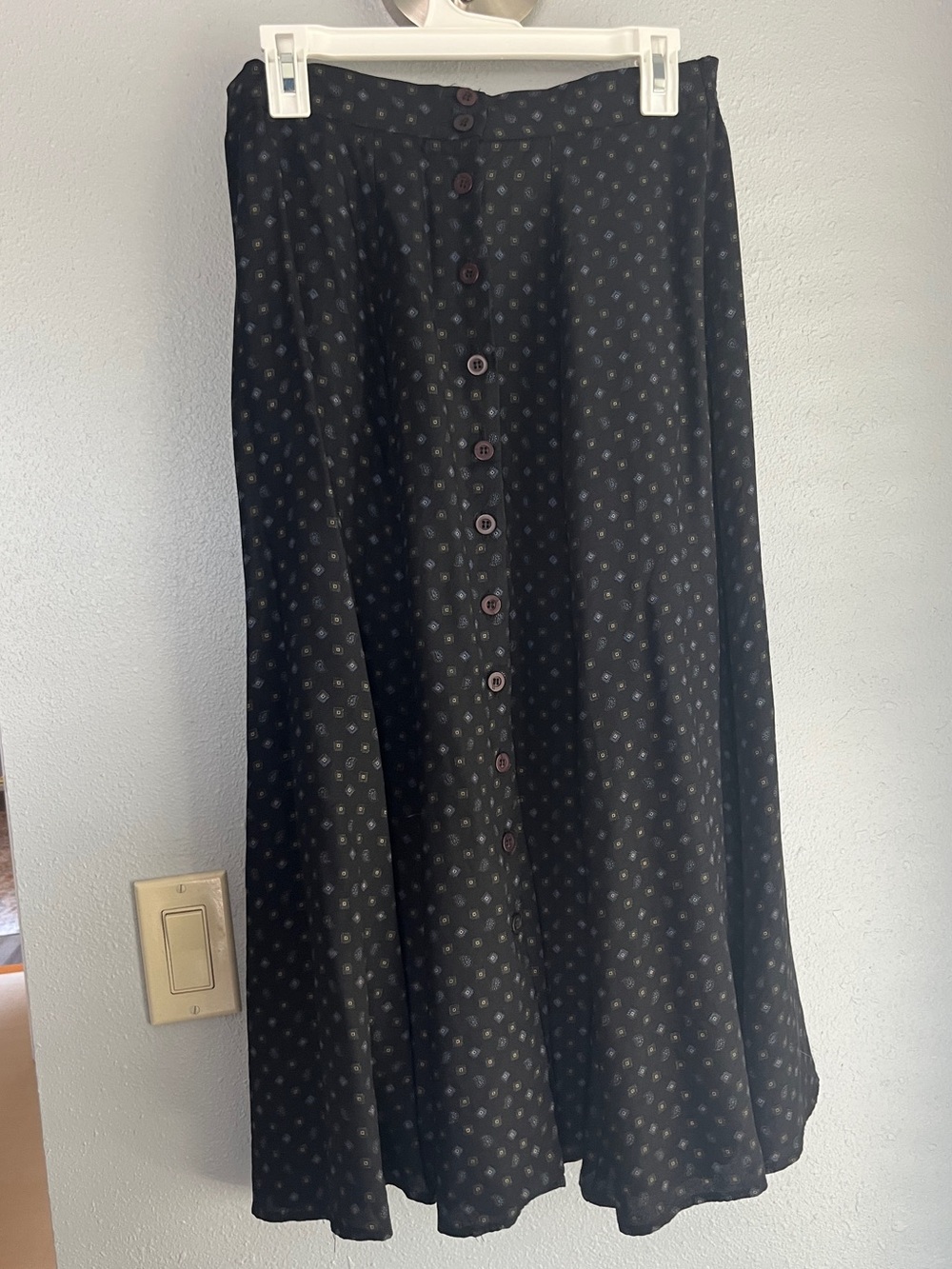 Marmie West Vintage Black Midi Button-Front Skirt with Blue Flower Motif